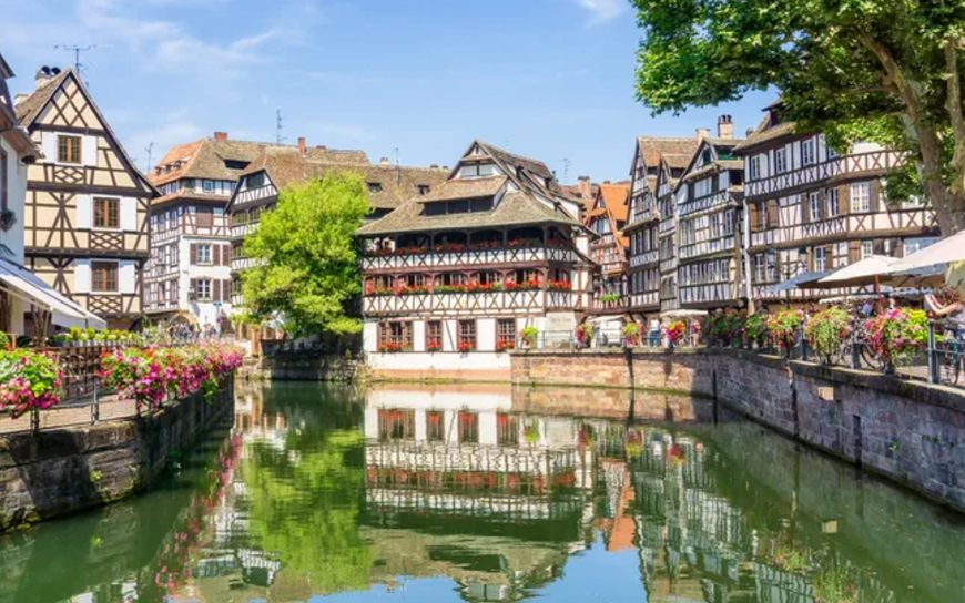 Half-timbered houses along the canal in the Petite France quarter of Strasbourg